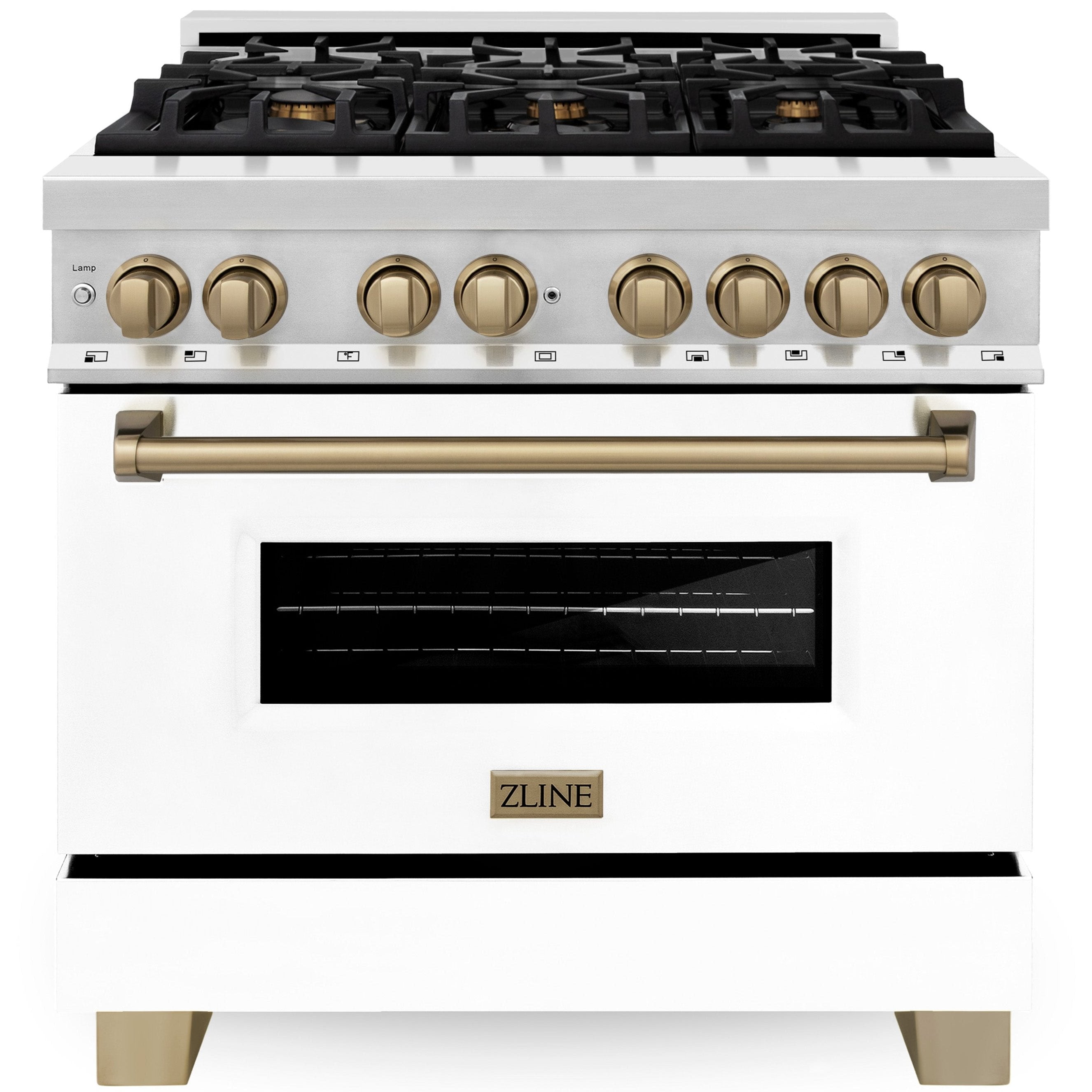 ZLINE 36" White Matte Dual Fuel Range with Champagne Bronze Accents