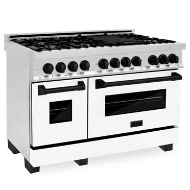ZLINE Autograph Edition 48 in. 6.0 cu. ft. Legacy Dual Fuel Range with 7 Burner Gas Cooktop and 2 Electric Ovens in Stainless Steel with White Matte Doors and Matte Black Accents (RAZ-WM-48-MB)