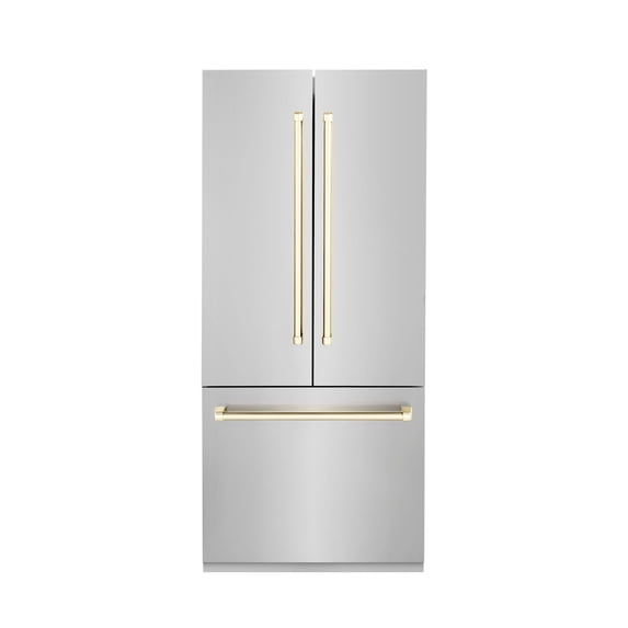 ZLINE 36" Autograph Edition 19.6 cu. ft. Built-in 2-Door Bottom Freezer Refrigerator with Internal Water and Ice Dispenser in Stainless Steel with Gold Accents