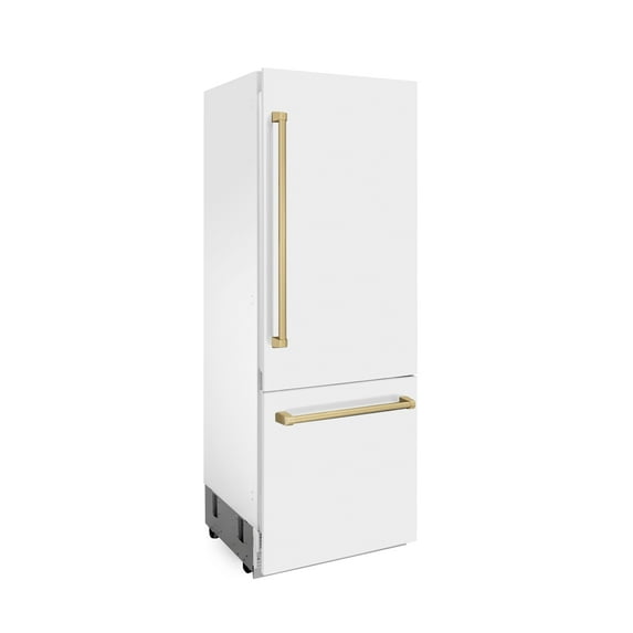 ZLINE 30 In. 16.1 cu. ft. Built-In Refrigerator with Internal Water and Ice Dispenser in White Matte with Champagne Bronze Accents, RBIVZ-WM-30-CB