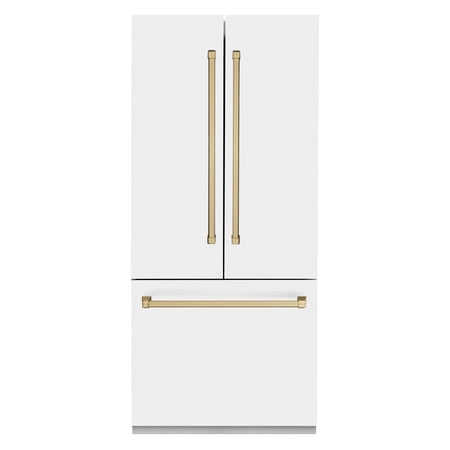 ZLINE RBIVZWM36CB 19.6 Cu. Ft. Counter Depth White Matte with Champagne Bronze Accents 3-Door French Door Refrigerator