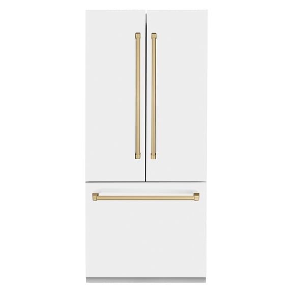 ZLINE RBIVZWM36CB 19.6 Cu. Ft. Counter Depth White Matte with Champagne Bronze Accents 3-Door French Door Refrigerator