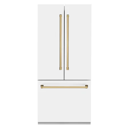 ZLINE 36" Autograph Edition 19.6 cu. ft. Built-in 3-Door French Door Refrigerator with Internal Water and Ice Dispenser in White Matte with Gold Accents