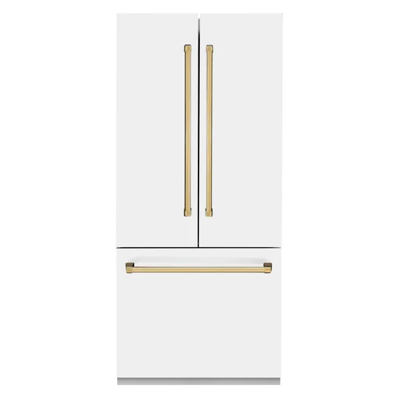 ZLINE 36" Autograph Edition 19.6 cu. ft. Built-in 3-Door French Door Refrigerator with Internal Water and Ice Dispenser in White Matte with Gold Accents