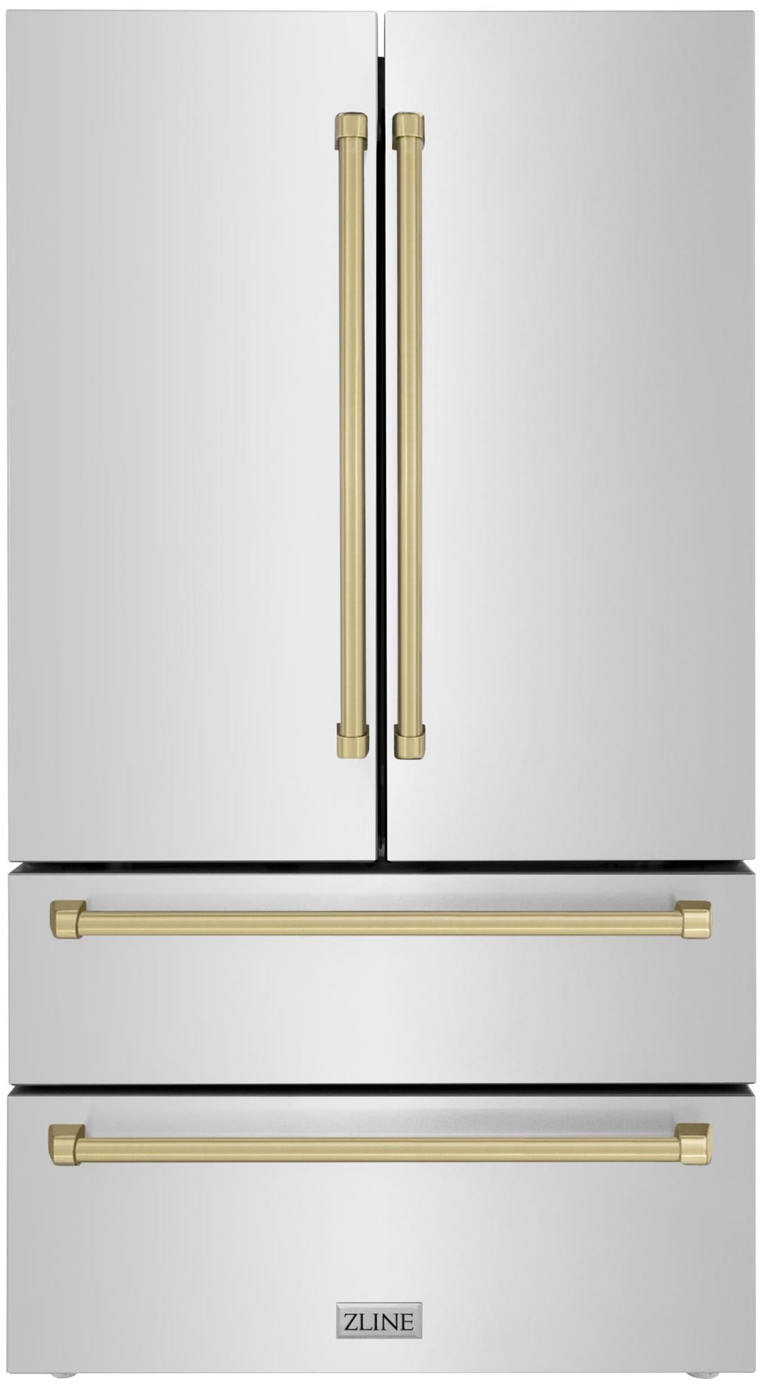 ZLINE 36" Autograph Edition 22.5 cu. ft Freestanding French Door Refrigerator with Ice Maker in Fingerprint Resistant Stainless Steel with Champagne Bronze Accents