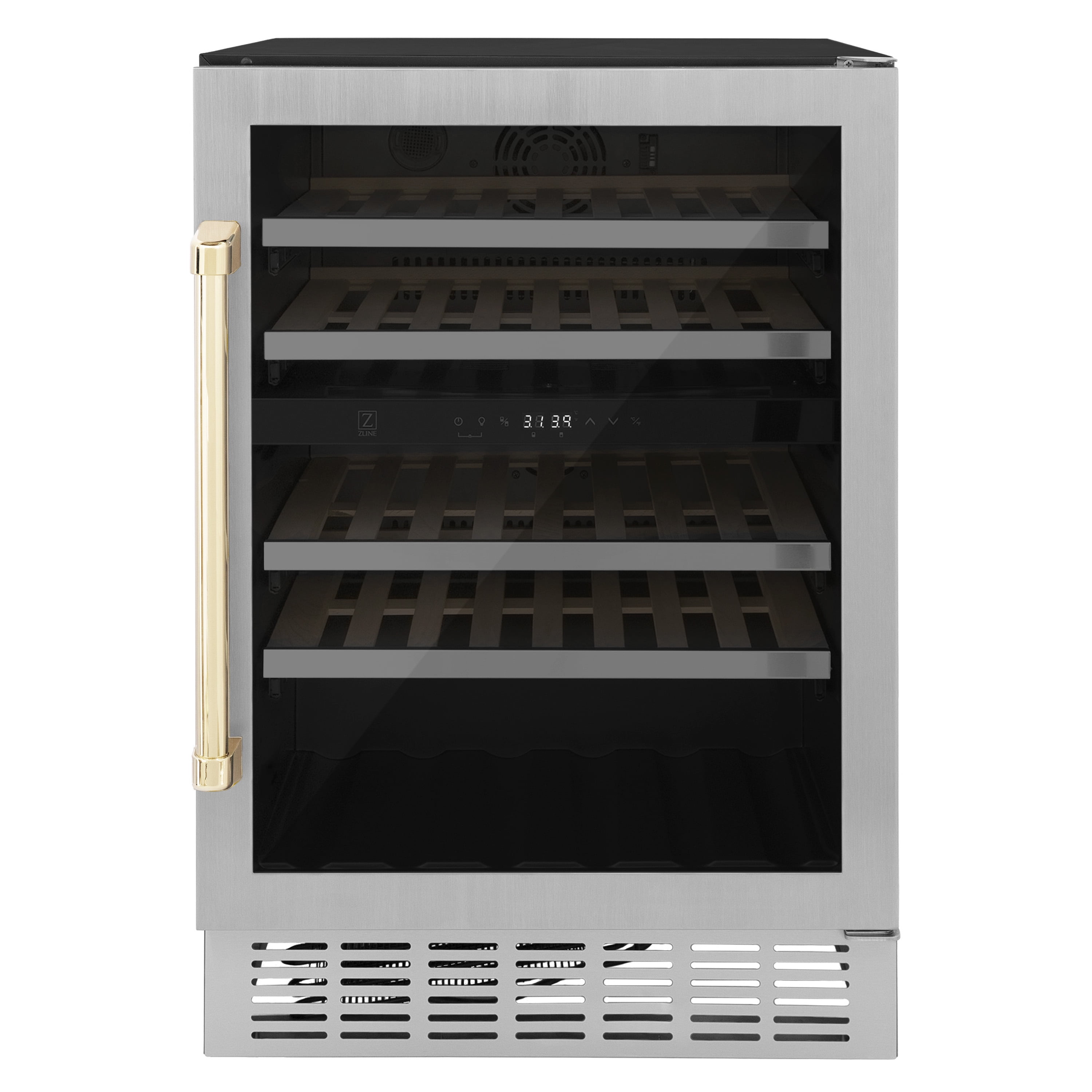 Stainless Steel Dual Zone Wine Cooler with Gold Handle and Interior Lighting