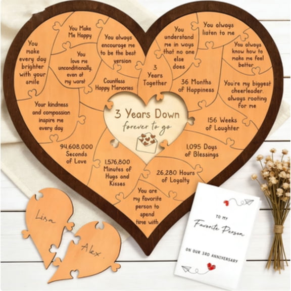 ZLKMQM 1 Year Anniversary Wooden Gifts for Him Her - Happy 1st Anniversary Wedding Gifts for Husband Wife, First Anniversary Marriage Gift for Couple, Four Years Dating Wood Heart Puzzle