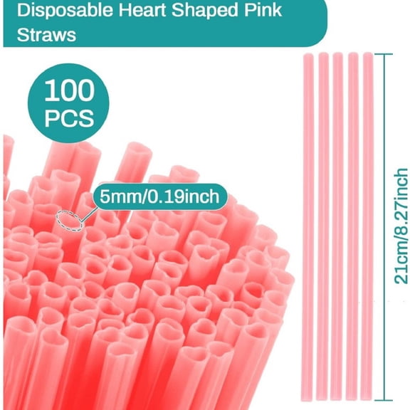 ZLKMQM 100pcs Heart Shaped Pink Straws Not Individually Wrapped Disposable Drinking Straws for Brunches,Cocktail, Birthday Parties, Pastel Weddings & Bridal Shower Decorations