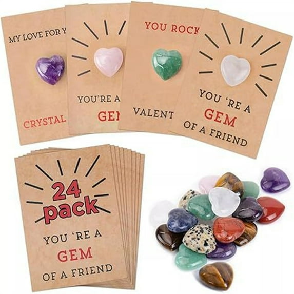 ZLKMQM 24 Pack Prefilled Valentines Day Gifts for Teens Kids - Natural Heart-Shape Crystal Gemstone Rock Gem Set - Valentines Day Cards for Kids School Classroom Class Exchange