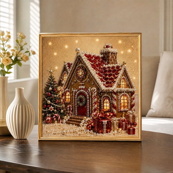 ZLKMQM Christmas Diamond Painting Kit, 5D DIY Diamond Art Gingerbread House with Candy Cane Porch & Tree, Sparkly Rhinestone Craft with Gold Frame, Holiday Framed Wall Art Decor Gift