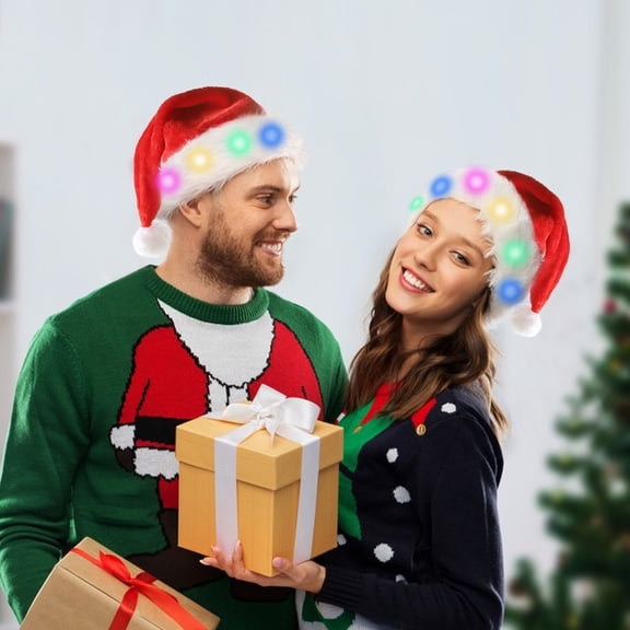 ZLKMQM LED Light Up Santa Hat for Adults & Kids - Red Velvet Christmas Hat with 20 Color-Changing Blinking Lights, Stretchable Double-Layer Warm Holiday Party Cap