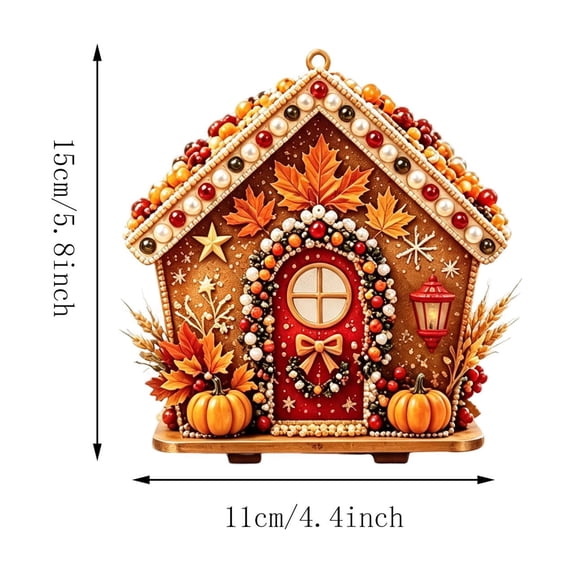ZLKMQM Thanksgiving 3D Harvest Welcome House Diamond Painting Kit - DIY Maple Leaf Roof Cottage w/ Red Arched Door, Bead Wreath, Wheat, Pumpkins & Lantern
