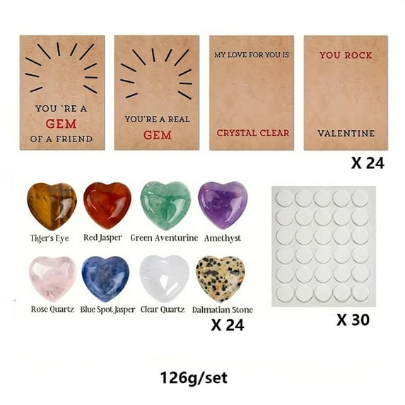 ZLKMQM Valentines Day Gifts for Collectors - 24 Pack Cards with Heart Shape Stone Treasures, Candy Alternative Exchange Gifts for Kids Teens Classroom School Parties