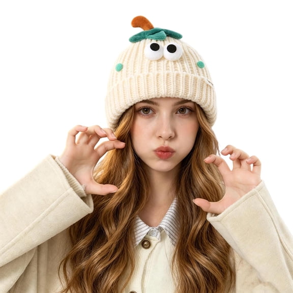 ZLKMQM Women's Cute Cartoon Big Eyes Knit Beanie Hat - Funny Sprout Detail Ribbed Winter Cap with Brim, Warm & Stretchy Casual Cold Weather Hat, Holiday Party Gift