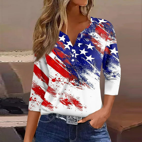 ZLOVHE 3/4 Length Sleeve Women's Tops Casual 4th Of July Outfits for Women Button Cute Graphic Printed V Neck Blouses Fashion Patriotic Tunic Blouses Tees