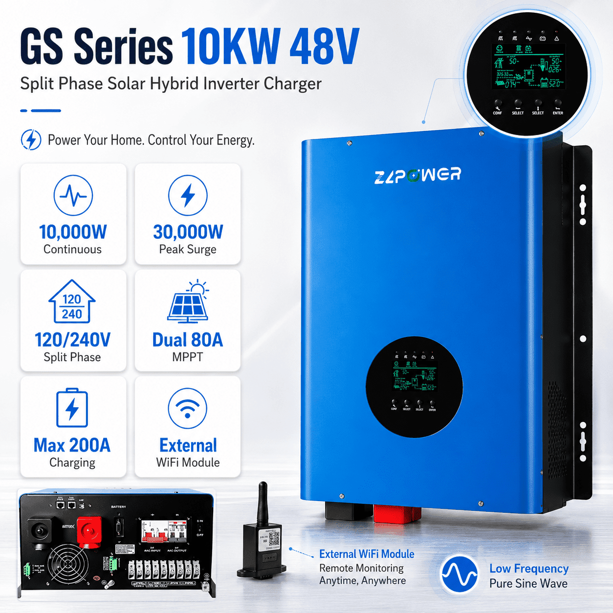 ZLPOWER 10KW 48V Hybrid Solar Inverter Charger - 120/240V Split Phase Pure Sine Wave, UL1741 Certified, 30000W Peak, Dual MPPT, Off-Grid for Home Business & Emergency Backup