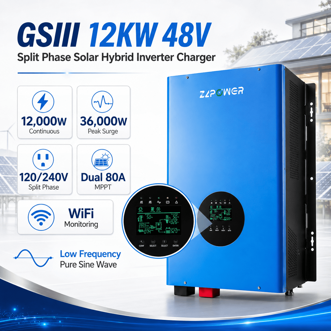 GS 12KW 48V Pure Sine Wave Inverter Charger with Dual MPPT Solar Controller & AGS - UL1741 Certified for Home Backup Power System