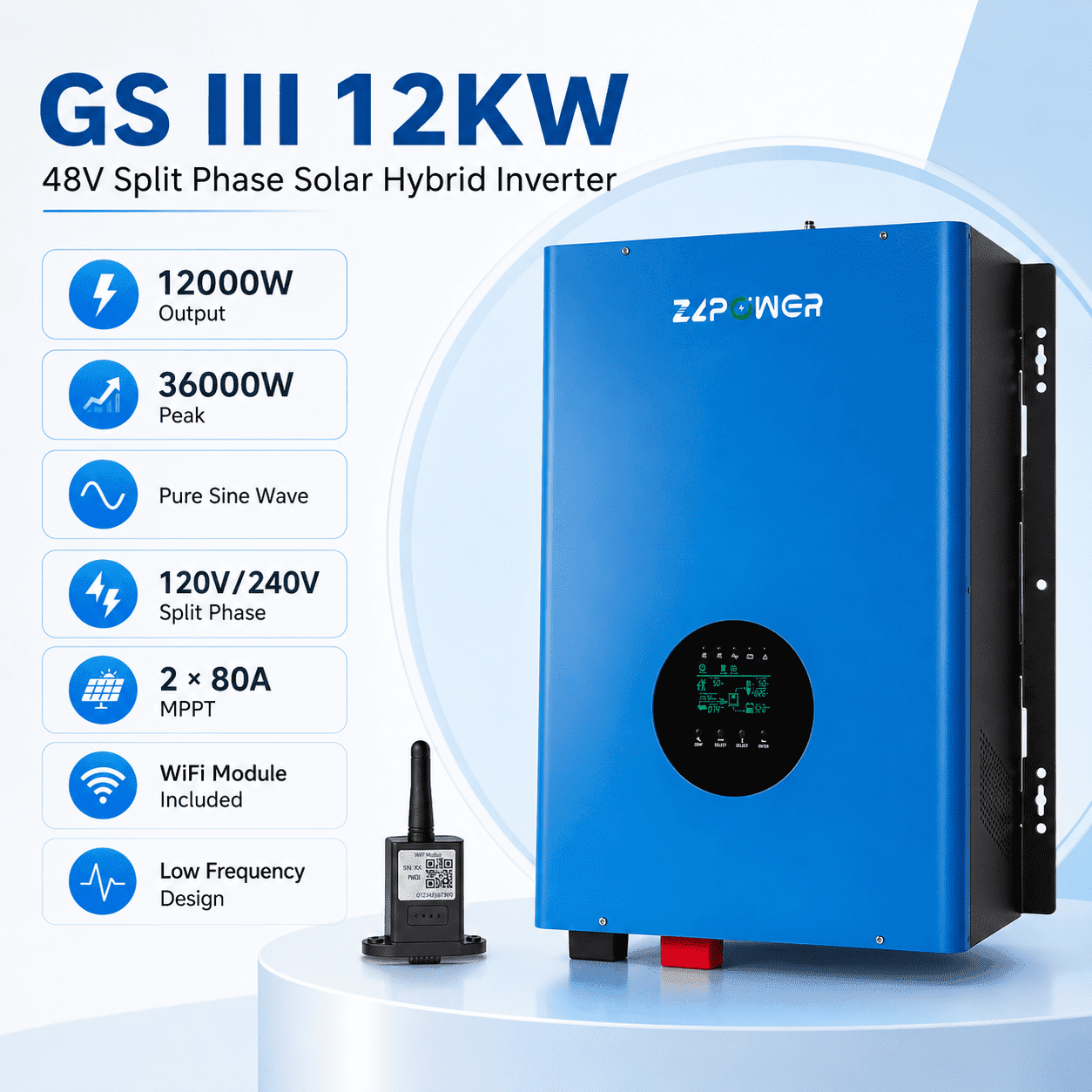 ZLPOWER 12000W 48V Hybrid Solar Inverter, 36000W Peak, 120/240V Split Phase Pure Sine Wave, UL1741 Certified, Dual 80A MPPT Charger, Off-Grid Inverter for Home & Business