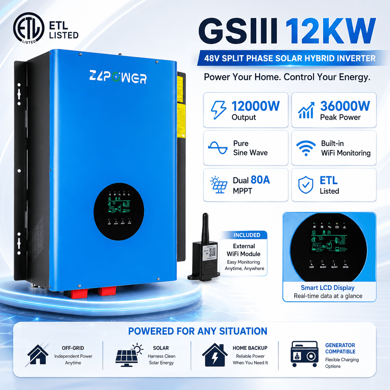 ZLPOWER 12000W 48V Hybrid Solar Inverter, 36000W Peak Pure Sine Wave, UL1741 Certified, Split Phase 120V/240V Output, Dual MPPT Charger, Low Frequency Off-Grid Inverter for Home Backup & Solar System