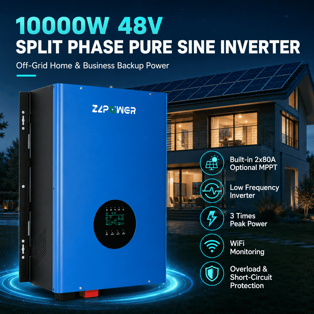 ZLPOWER 10KW Hybrid Solar Inverter Charger - 48V DC to 120/240V AC Split Phase Pure Sine Wave, UL1741 Certified, 30000W Peak Power, Built-in Dual MPPT for Off-Grid Home & Business Backup