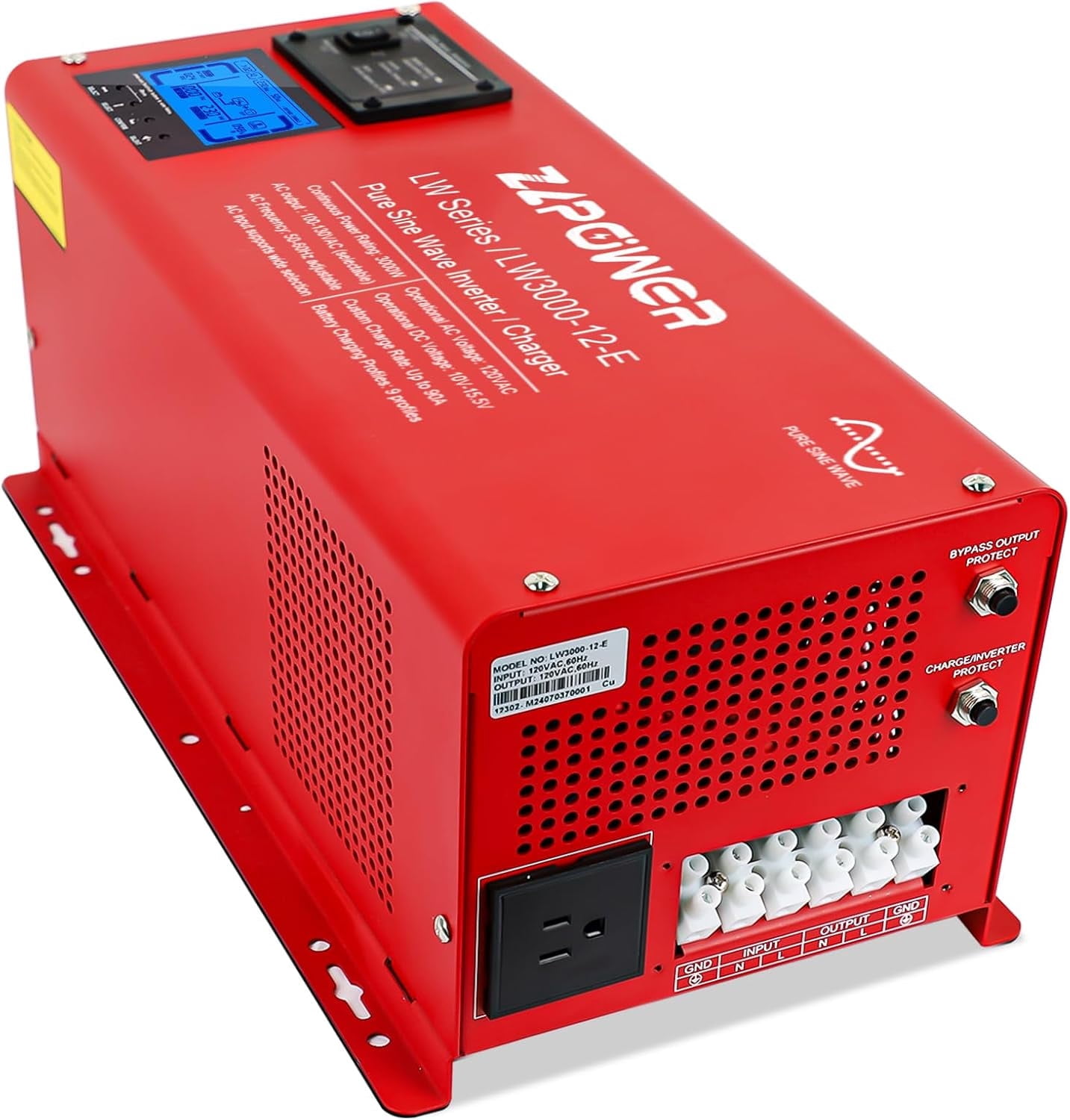ZLPOWER 3000W 12V Pure Sine Wave Inverter Charger , 9000W Peak , ETL Certified to UL 1741 , for Home RV Boat , Low Frequency with LCD & Auto Transfer Switch