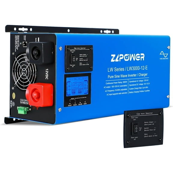 ZLPOWER 3000W 12V Pure Sine Wave Inverter Charger, 9000W Peak Low Frequency, LCD Display, ETL Listed to UL1741 for RV Boat Home Camping, 90A Charger & Auto Transfer Switch
