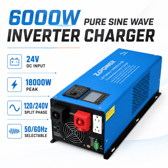 ZLPOWER 6000W 24V Pure Sine Wave Inverter Charger - 18000W Peak, 120V/240V Split Phase Output with 90A Battery Charger, LCD Display, Low Frequency for Home RV Boat Off-Grid Solar System