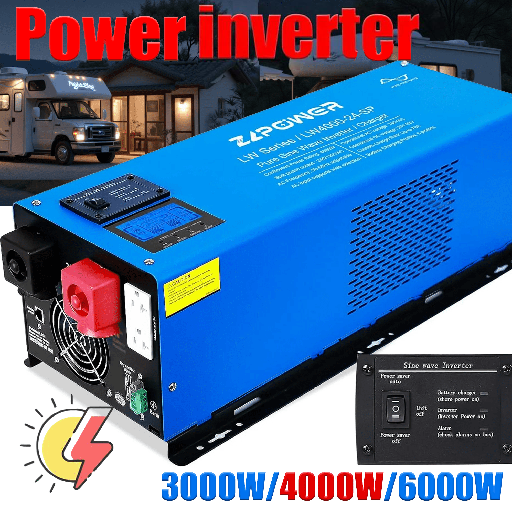 ZLPOWER 4000W 24V Pure Sine Wave Inverter Charger – 12000W Peak, 120V/240V Split Phase Output, ETL Certified, Off-Grid Low Frequency Inverter with 90A Charger & LCD Display for Home, RV, Boat