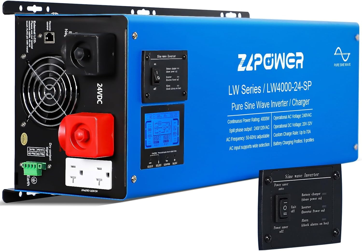 ZLPOWER 4000W Pure Sine Wave Inverter Charger, 24V DC to 120/240V Split Phase, LCD Display, Off-Grid Use