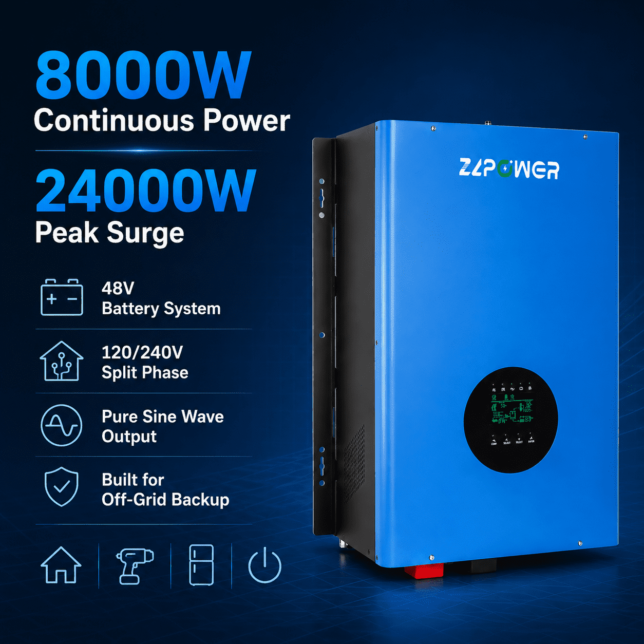 ZLPOWER 8000W 48V Hybrid Solar Inverter, 24000W Peak, 120/240V Split Phase Pure Sine Wave, UL1741 Certified, Dual MPPT Solar Charger, Low Frequency Off-Grid Inverter for Home & Business