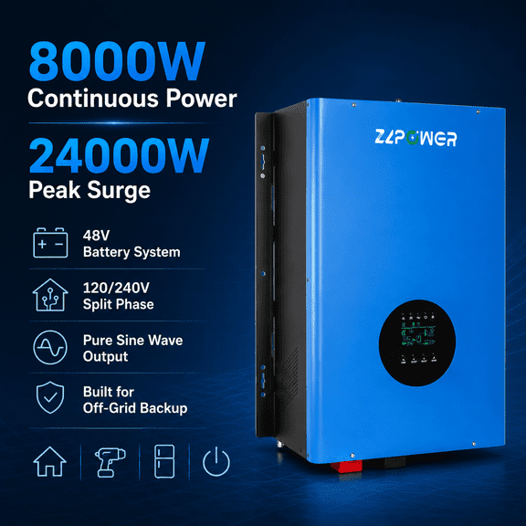 ZLPOWER 8000W 48V Hybrid Solar Inverter, 24000W Peak, 120/240V Split Phase Pure Sine Wave, UL1741 Certified, Dual MPPT Solar Charger, Low Frequency Off-Grid Inverter for Home & Business