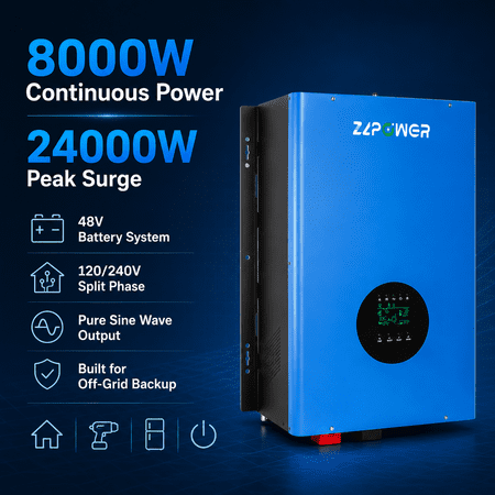ZLPOWER 8000W 48V Hybrid Solar Inverter, 24000W Peak, 120/240V Split Phase Pure Sine Wave, UL1741 Certified, Dual MPPT Solar Charger, Low Frequency Off-Grid Inverter for Home & Business