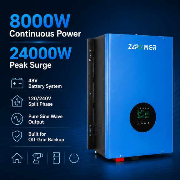 ZLPOWER 8000W 48V Hybrid Solar Inverter, 24000W Peak, 120/240V Split Phase Pure Sine Wave, UL1741 Certified, Dual MPPT Solar Charger, Low Frequency Off-Grid Inverter for Home & Business