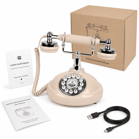 RDYMONKEY Audio Guest Book – Wedding Party Birthday Recording Retro Phone with 8GB Memory & Rechargeable Battery – Easy Voice Message Gift for Special Occasions (Beige)
