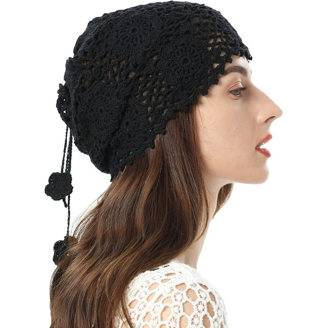 ZLYC Women Cotton Crochet Slouchy Beanie Hat Handmade Knit Cutout Summer Floral Skull Cap