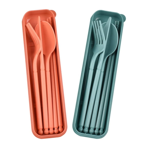 Reusable Travel Utensil Set with Case - 2-Pack Lightweight Camping Cutlery (Green/Orange) for Adults, Kids, Picnic