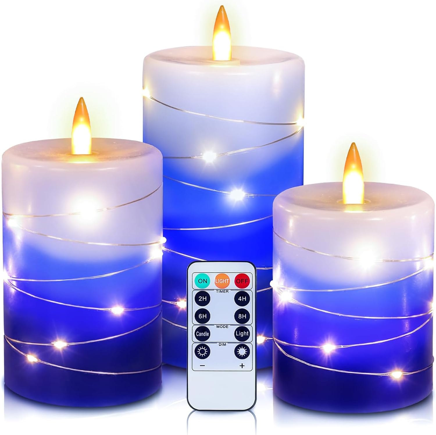 ZM Flameless Candles with String Lights, Battery Operated Candles with Remote Control and Timer,Flickering LED Pillar Candles for Home Decoration,Real Wax, Gradient Blue (3-Pack)