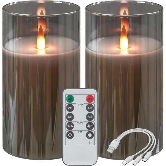 ZM Rechargeable Flameless Candles, Flickering LED Candles, Real Wax Candles with Remote and Timers, Glass Pillar Candles 3D Wick for Wedding Festival Home Decoration, 6" Candle Set of 2,Grey