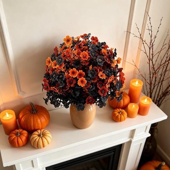 ZMGEJPW 1Pc 23.62" Artificial Fall Violets Flower Stake, Orange & Black Weatherproof Fake Outdoor Flowers for Halloween Cemetery Grave Decor Yard Porch
