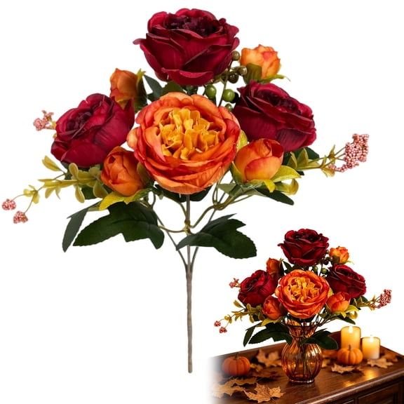 ZMGEJPW Red Orange Autumn Artificial Rose Bouquet, Fake Fall Rose Stems, Lifelike Floral Picks for Farmhouse Table, Wedding, Thanksgiving DIY Floral Arrangement Decor