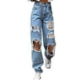 thumbnail image 1 of Pants for Women Trendy Casual Denim Elastic Waist Button Jeans Hole High Pocket Loose Trousers, 1 of 4