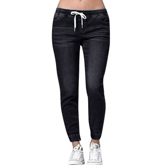 Pants for Women Trendy Casual Elastic Plus Loose Denim Drawstring Cropped Plus Autumn Jeans Jeans Trousers