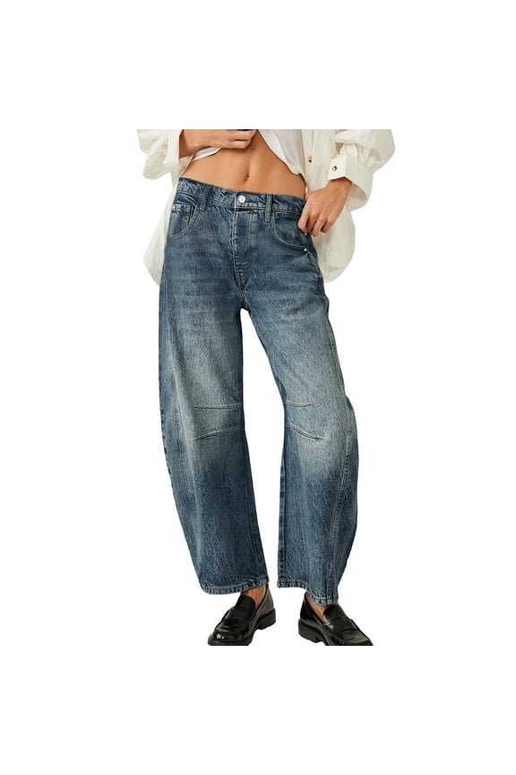 Pants for Women Trendy Casual Mid Rise Barrel Jeans for Wide Leg Mid Waist Cropped Denim Baggy Boyfriend Jeans With Pockets Trousers