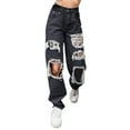 thumbnail image 1 of Womens Pants Denim Elastic Waist Button Jeans Hole High Pocket Loose Trousers, 1 of 4