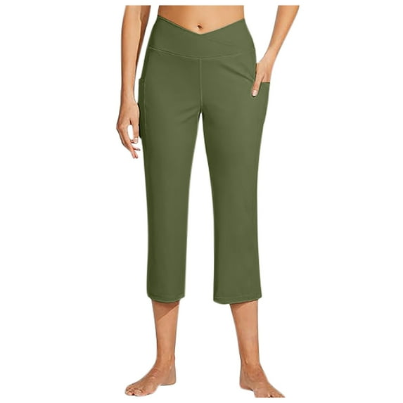 Womens Pants Yoga Capris High Waist Leggings Straight Leg Athletic Exercise Workout Crop Capris 21" Trousers