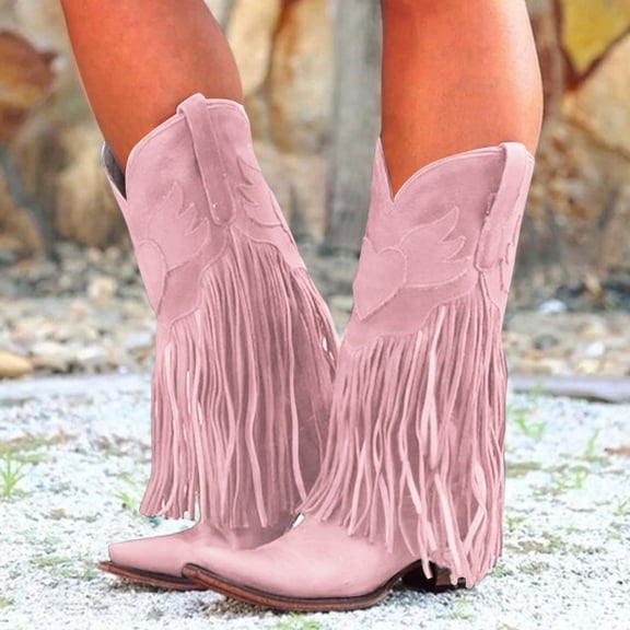 ZMHEGW Boots For Women Comtable Pull On Heel Pointed Toe Fringed Western Knee High Mid Boots Shoes