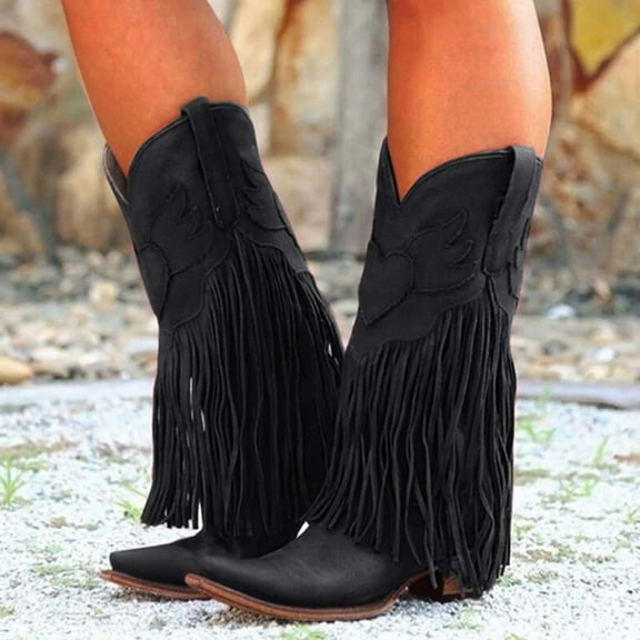 ZMHEGW Boots For Women Comtable Pull On Heel Pointed Toe Fringed Western Knee High Mid Boots Shoes