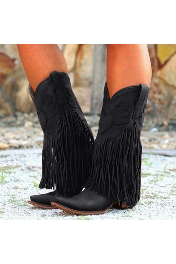 Boots For Women Comtable Pull On Heel Pointed Toe Fringed Western Knee High Mid Boots Shoes