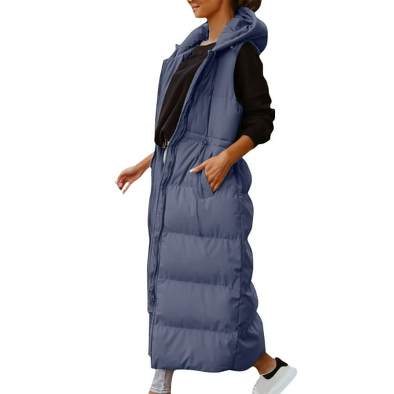 ZMHEGW Coats For Women Winter Sleeveless Vest Long Hoodie Warm Down With Pockets Quilted Outdoor Zip Up Long Vest Fall Jackets