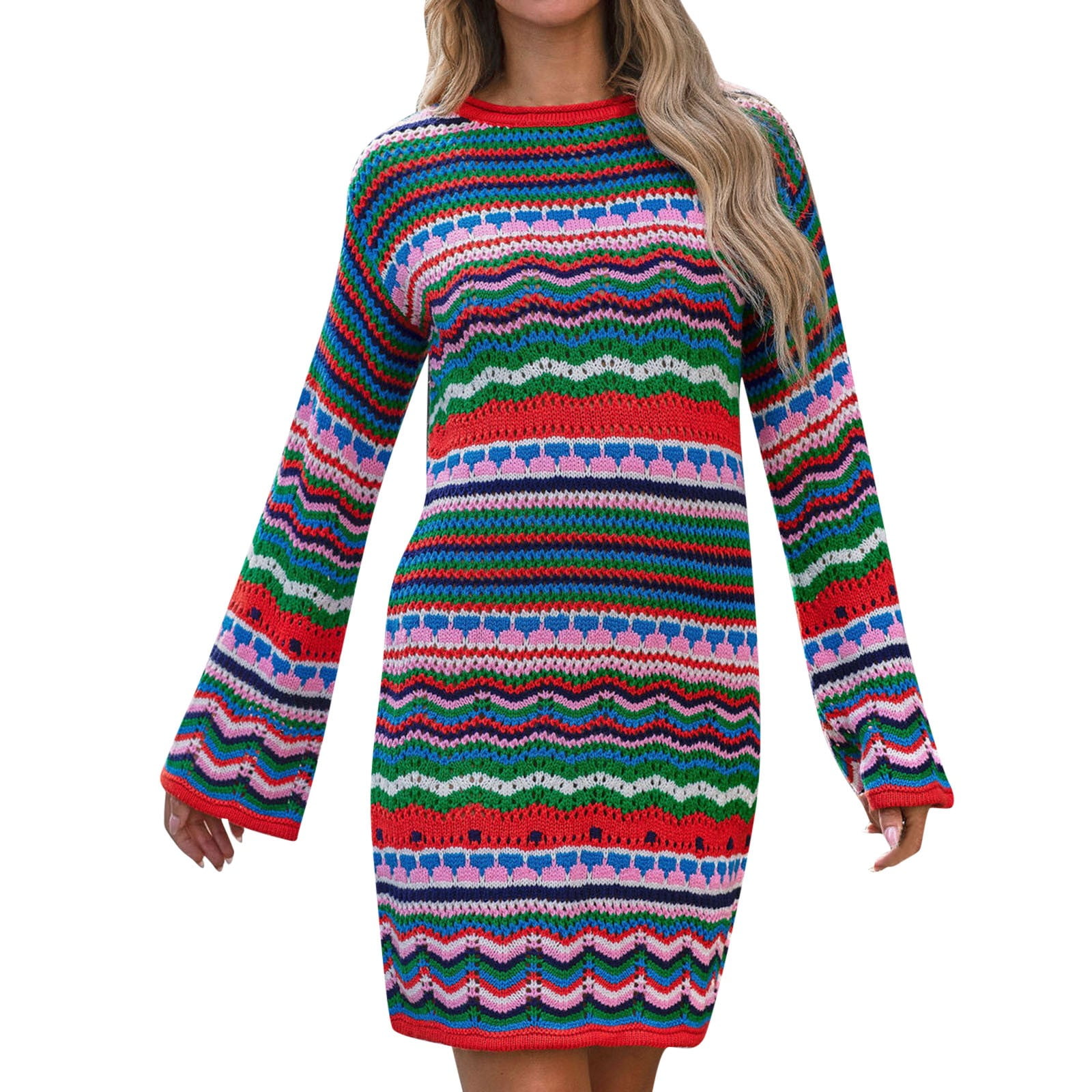 rainbow crochet dress long sleeve Rainbow crochet dress / blonde girl / beginning boutique / y2k / cute mini dress / long sleeve dress